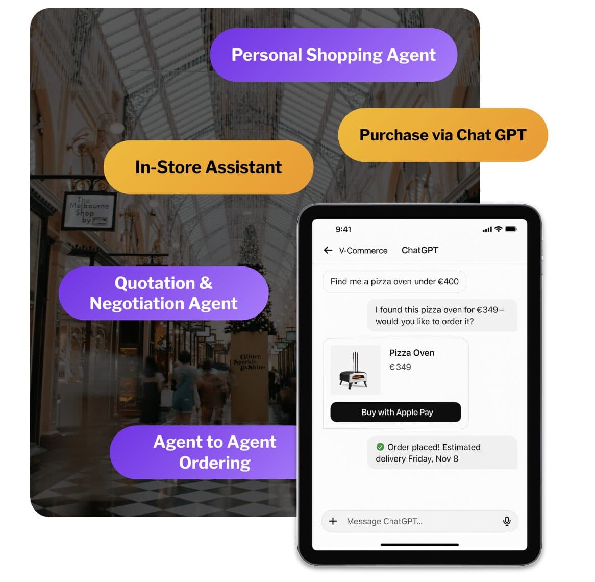 Tablet screen with different agentic commerce channels